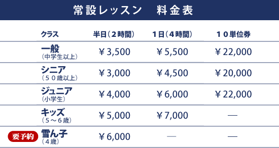常設レッスン料金表